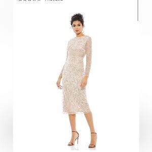 Mac Duggal Women's beaded Tea Length Dress w/ Sheer Sleeves